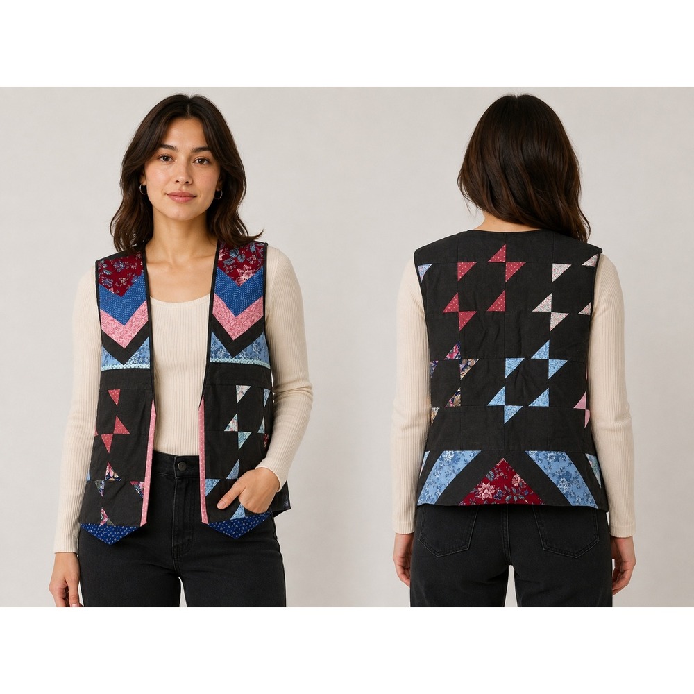 k101.Handmade Quilted Patchwork Vest  Multi Color Boho Cottagecore Open Front